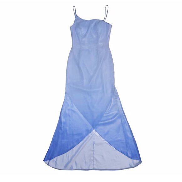 Vtg US 4 Ombre Blue Asymmetric Front Slit Mesh Overylay Slip Cocktail Gown Dress - Picture 1 of 6